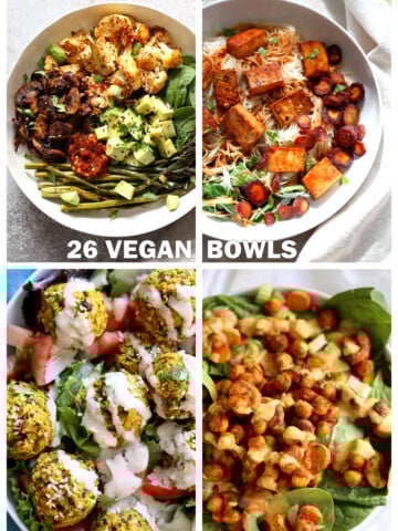 26 Vegan Bowl Recipes to make this Summer. Vegan Buddha Bowls that make nourishing lunches and dinners and not just salad. Roasted Veggie Bowl, Baked Tofu Bowls, Taco Bowls and more. Gluten-free Soy-free Nut-free options. #VeganBowls #VeganRicha