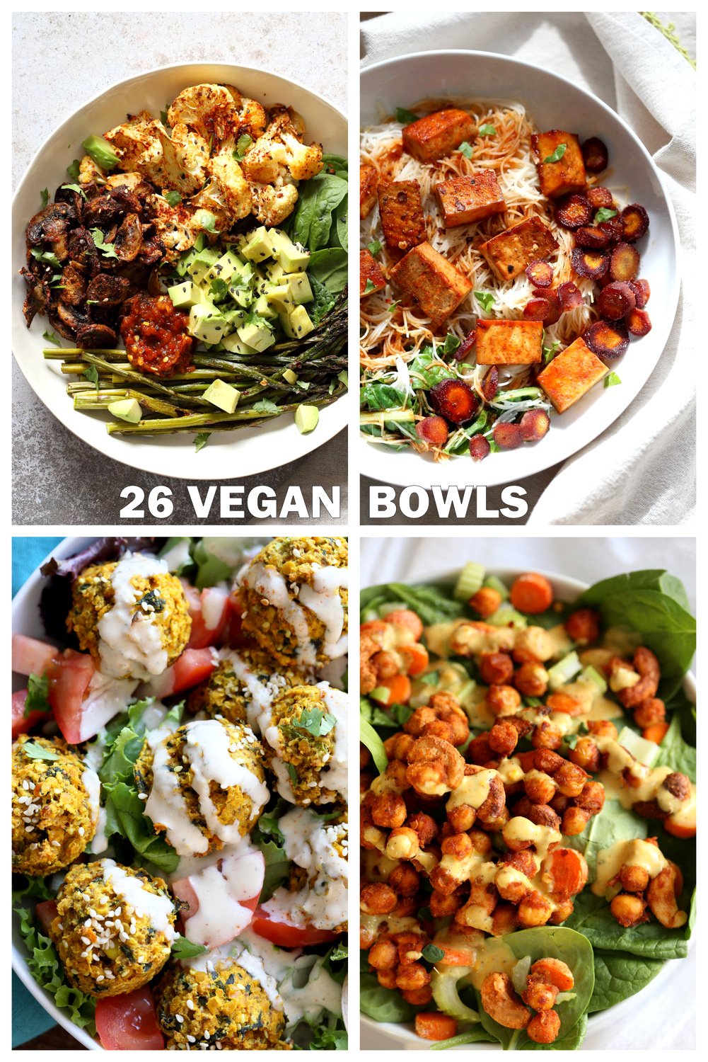26 Vegan Bowl Recipes to make this Summer. Vegan Buddha Bowls that make nourishing lunches and dinners and not just salad. Roasted Veggie Bowl, Baked Tofu Bowls, Taco Bowls and more. Gluten-free Soy-free Nut-free options. #VeganBowls #VeganRicha 