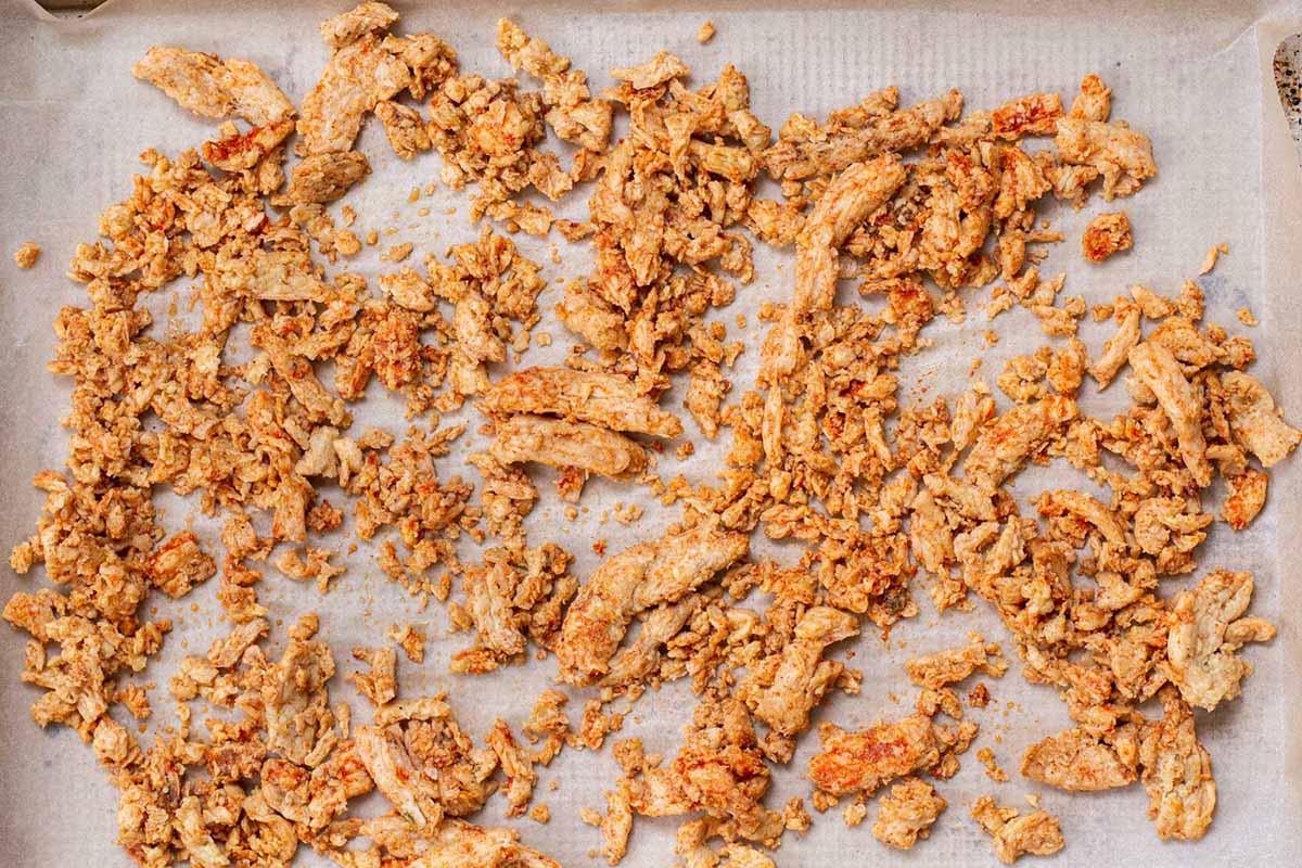 seasoned soy curls on a baking sheet