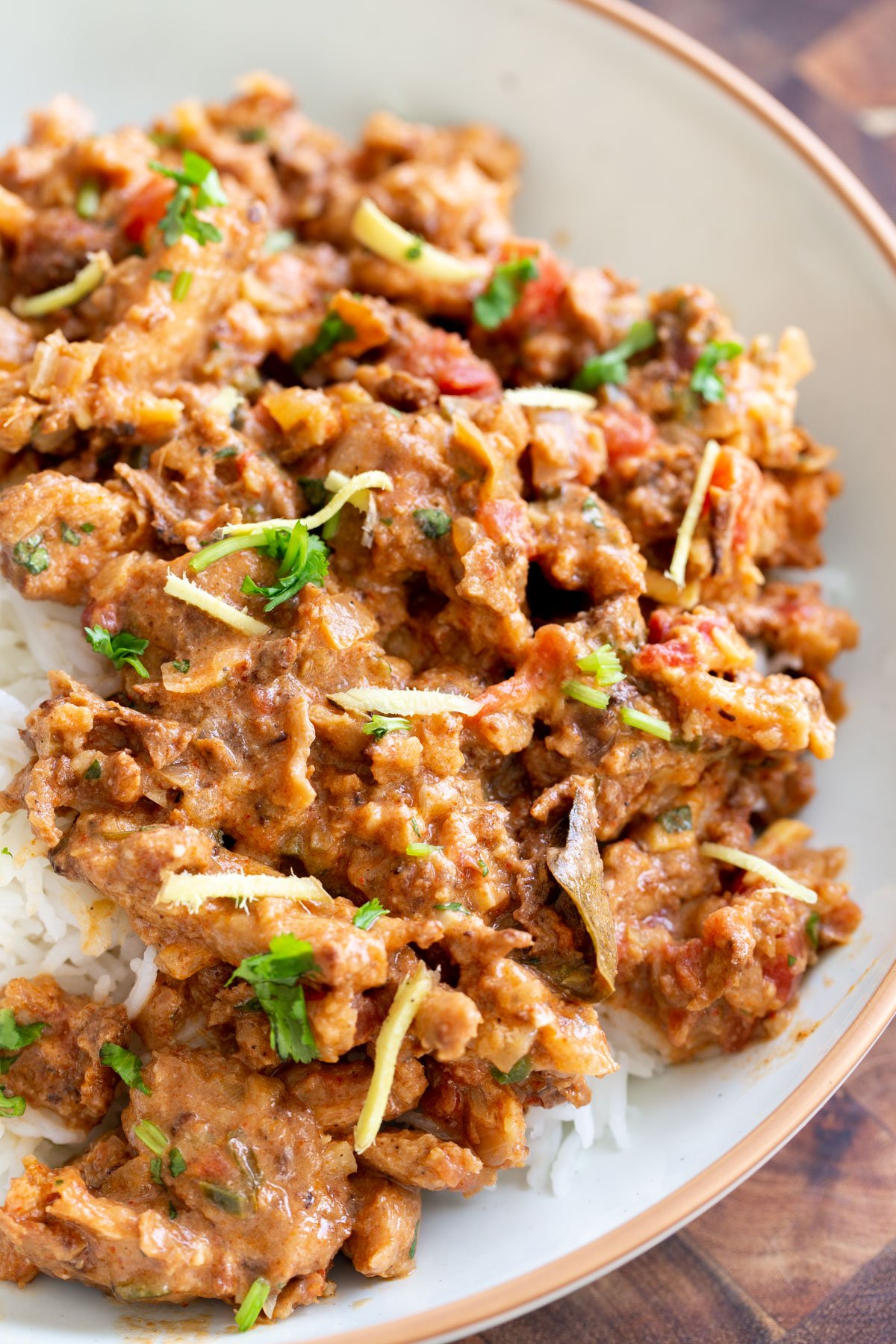 Adraki ginger curry soy curls in a bowl with rice