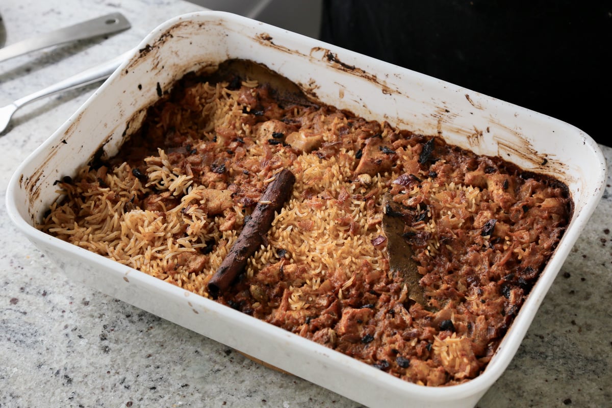 Lucknowi biryani in the pan after baking