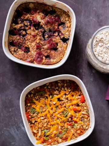 overhead photo of PBJ baked oats and Tex-Mex baked oats in the baking dishes, after baking