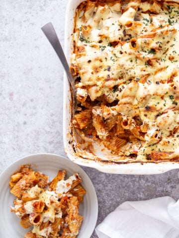 vegan baked rigatoni in a white casserole