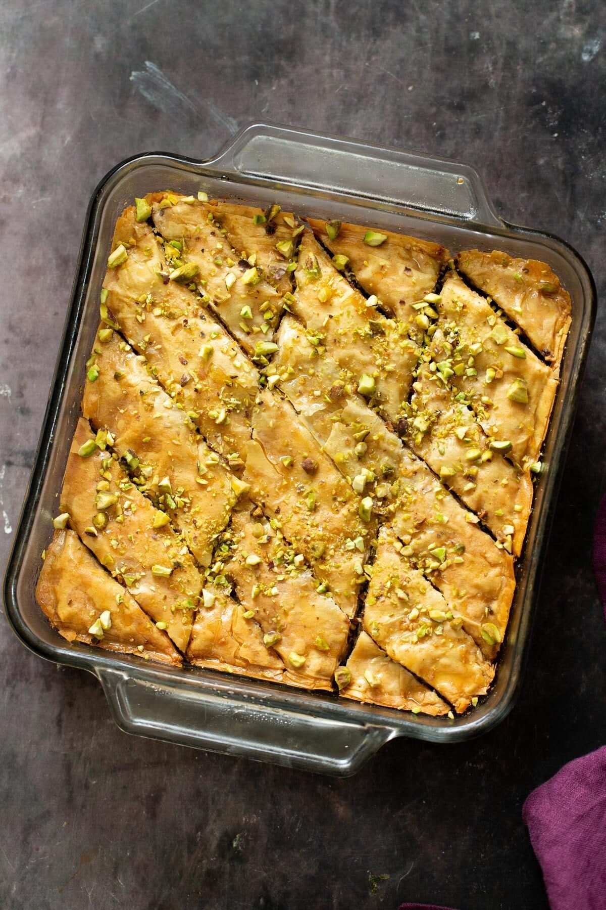 a pyrex dish with homemade vegan baklava 