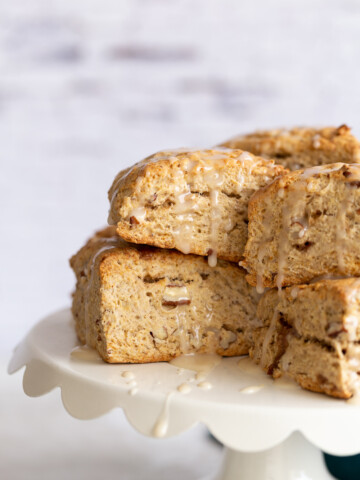 vegan banana scones on a cake stand