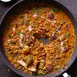 vegan chicken do pyaza in the pan after cooking and dipping toast