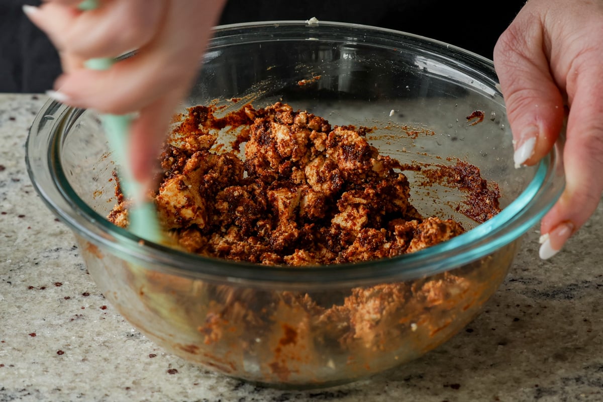 crumbled tofu mixed into the seasoning paste
