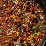 close-up of cooked beans in the pan after adding toppings