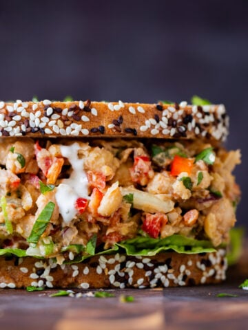 close-up of the cajun chickpea salad sandwich, so you can really see the creamy texture