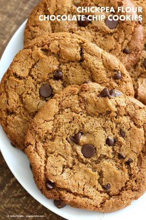 Chickpea Flour Chocolate Chip Cookies. Huge chewy and a perfect treat. These cookies need 1 Bowl, are grain-free, gluten-free vegan and can be made nut-free. | VeganRicha.com #glutenfree #veganricha #vegan