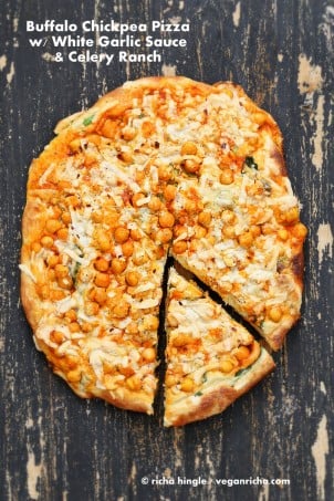 Vegan Buffalo Chickpea Pizza with celery ranch #veganricha #easyveganrecipes
