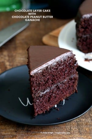 Vegan Chocolate Cake with Chocolate Peanut Butter Ganache. Simple Chocolate Layer Cake. Add raspberry or apricot preserves. Soy-free Palm Oil-free Recipe | VeganRicha.com #glutenfree #veganricha #vegan