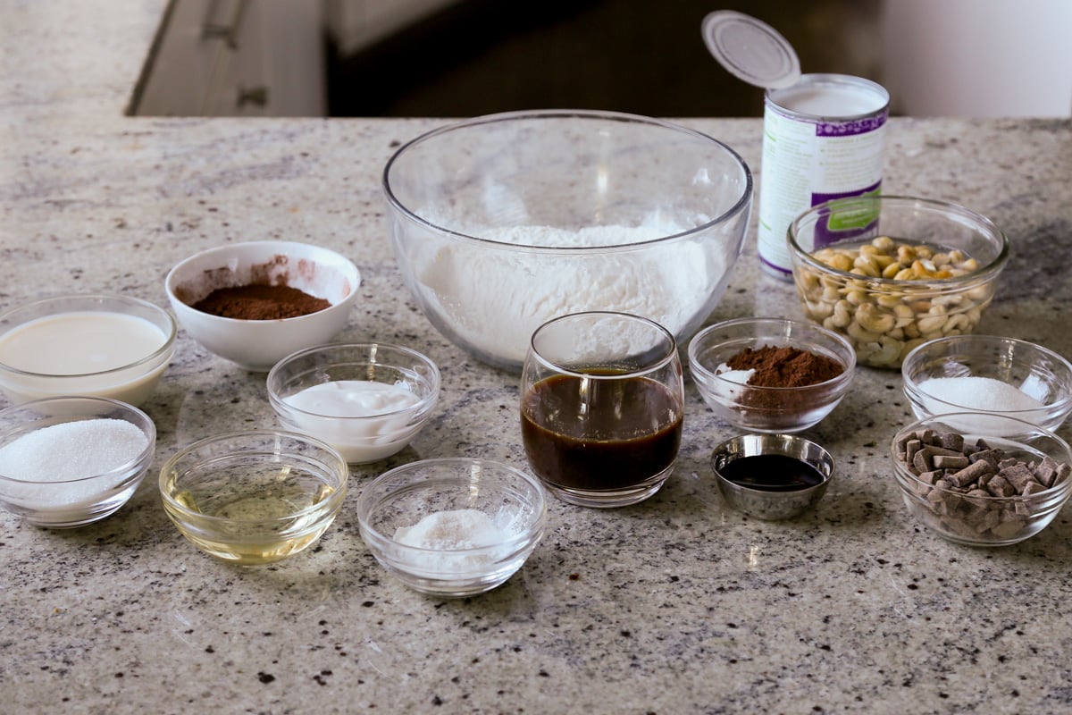 vegan mocha cake ingredients in bowls on the kitchen counter