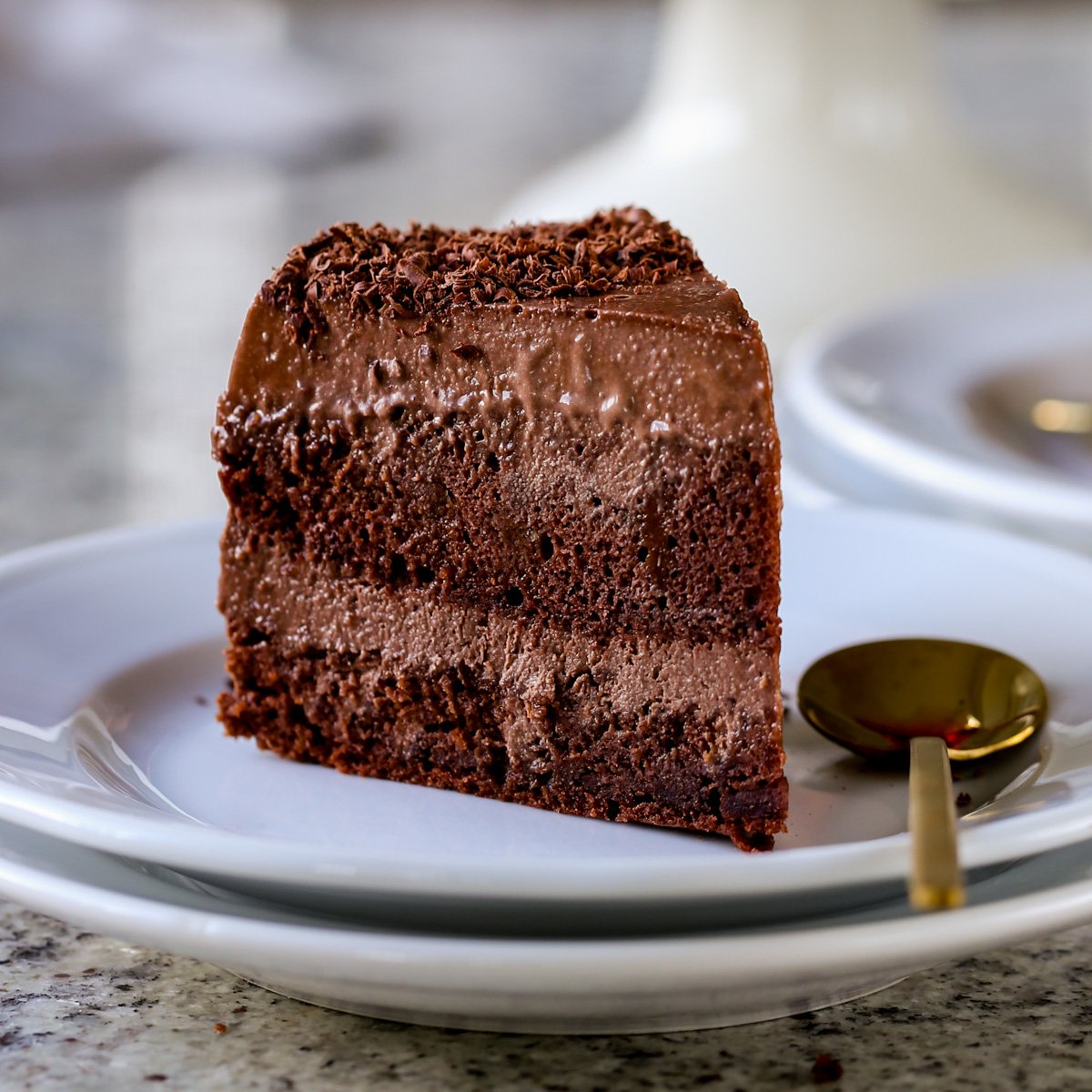 close-up of a slice of vegan mocha cake