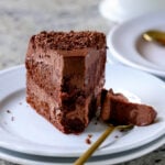 close-up of a slice of vegan mocha cake with a bite taken out