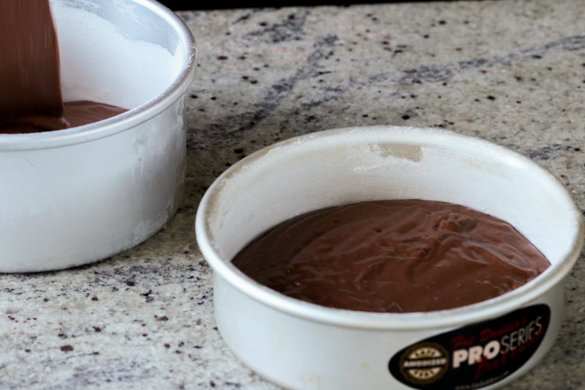 cake batter divided between two round cake pans