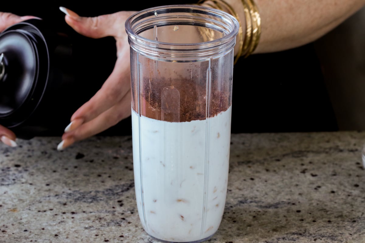 adding remaining mocha mousse ingredients to the blender
