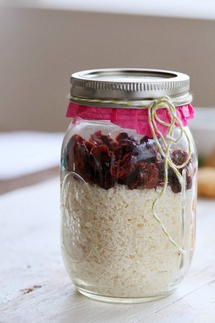 a jar with homemade gluten-free coconut macaroons cookie mix