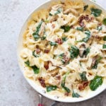 Creamy Sun Dried Tomato Pasta with Garlic Soy curls. Vegan Tuscan Garlic "Chicken" And pasta. #Vegan #Recipe Can be Gluten-free, Soyfree, nutfree #VeganRicha