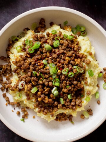 lentil mashed potatoes in a bowl with green onions on top