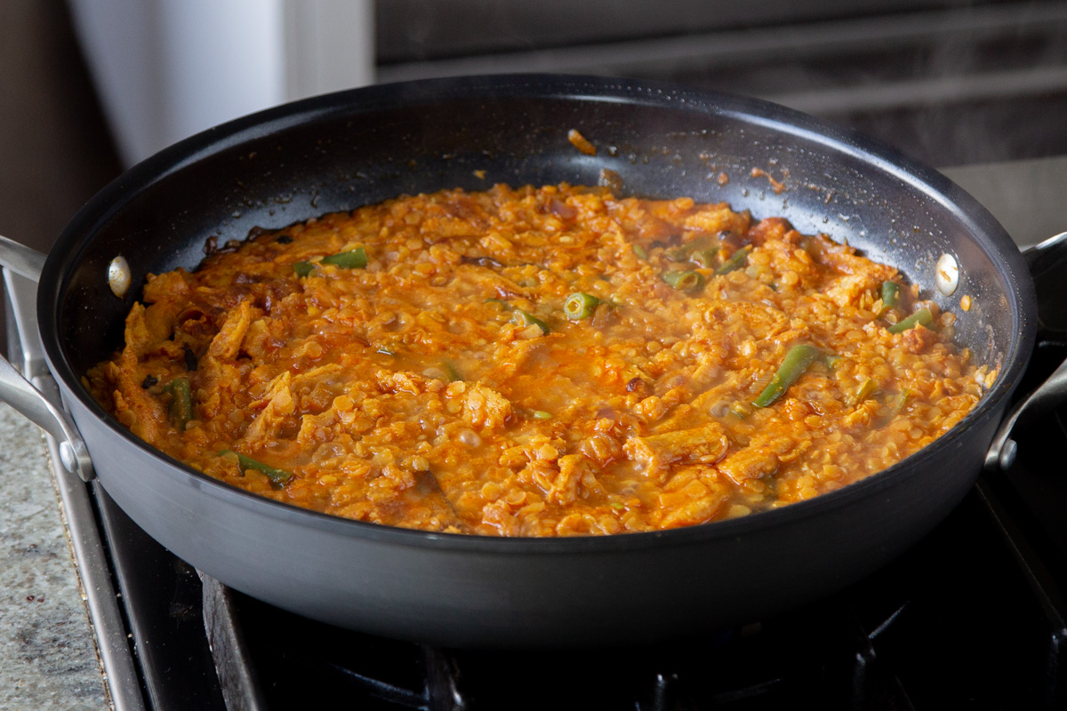 vegan dalcha in the pan after cooking
