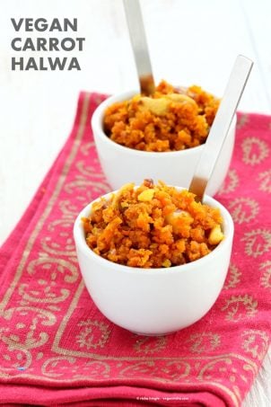 Vegan Carrot Halwa Recipe. Gajar Ka Halwa is a a dessert made with shredded carrots that are roasted with non dairy milk and cardamom to make a sweet melt in your mouth dessert. Vegan Gluten-free Soy-free Recipe | VeganRicha.com #glutenfree #veganricha #vegan
