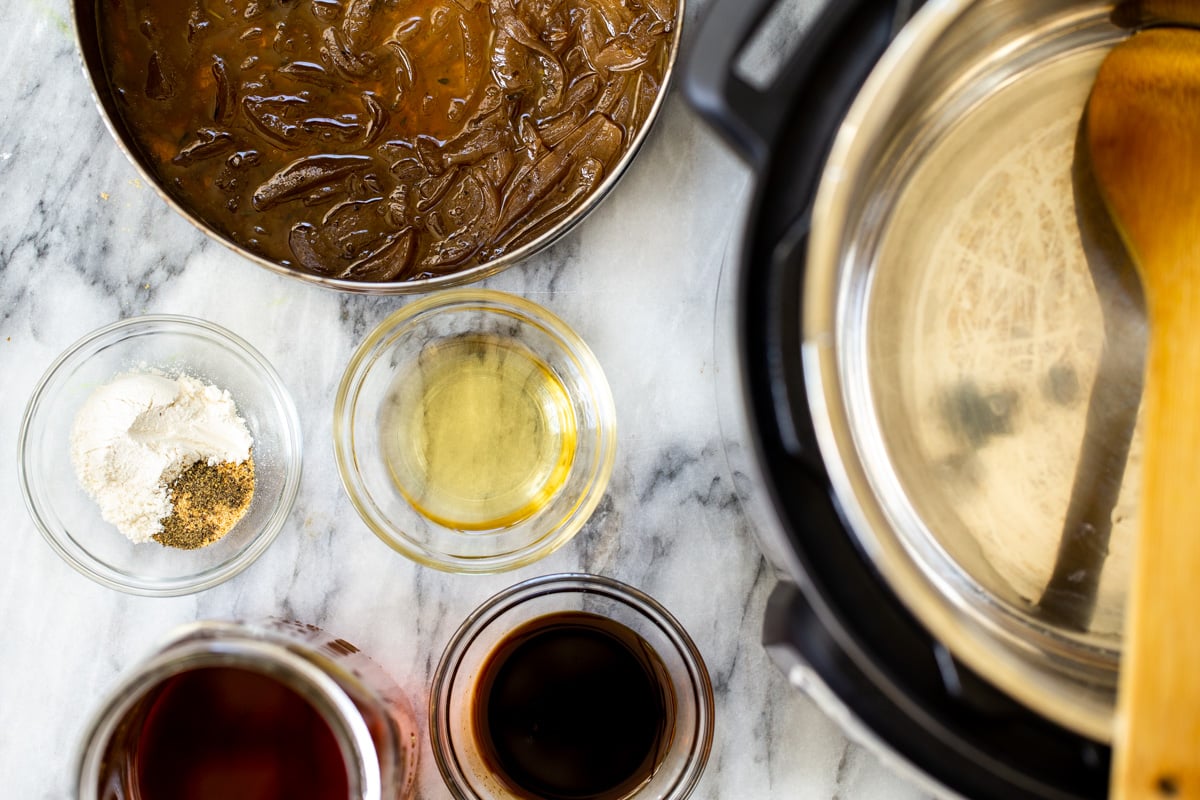 vegan French Onion soup ingredients assembled around an Instant Pot
