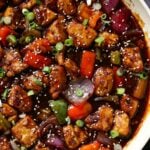 close-up of General Tso's tofu in the pan