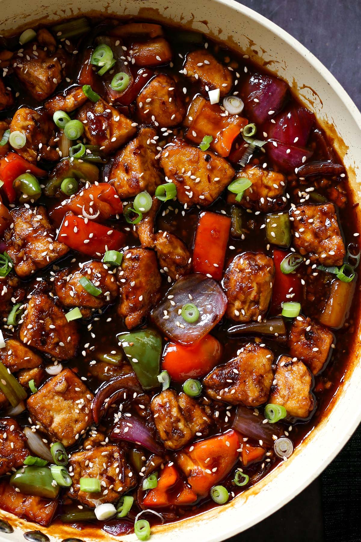 close-up of General Tso's tofu in the pan