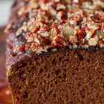 close-up of gingerbread cake, so you can see the topping and fluffy texture