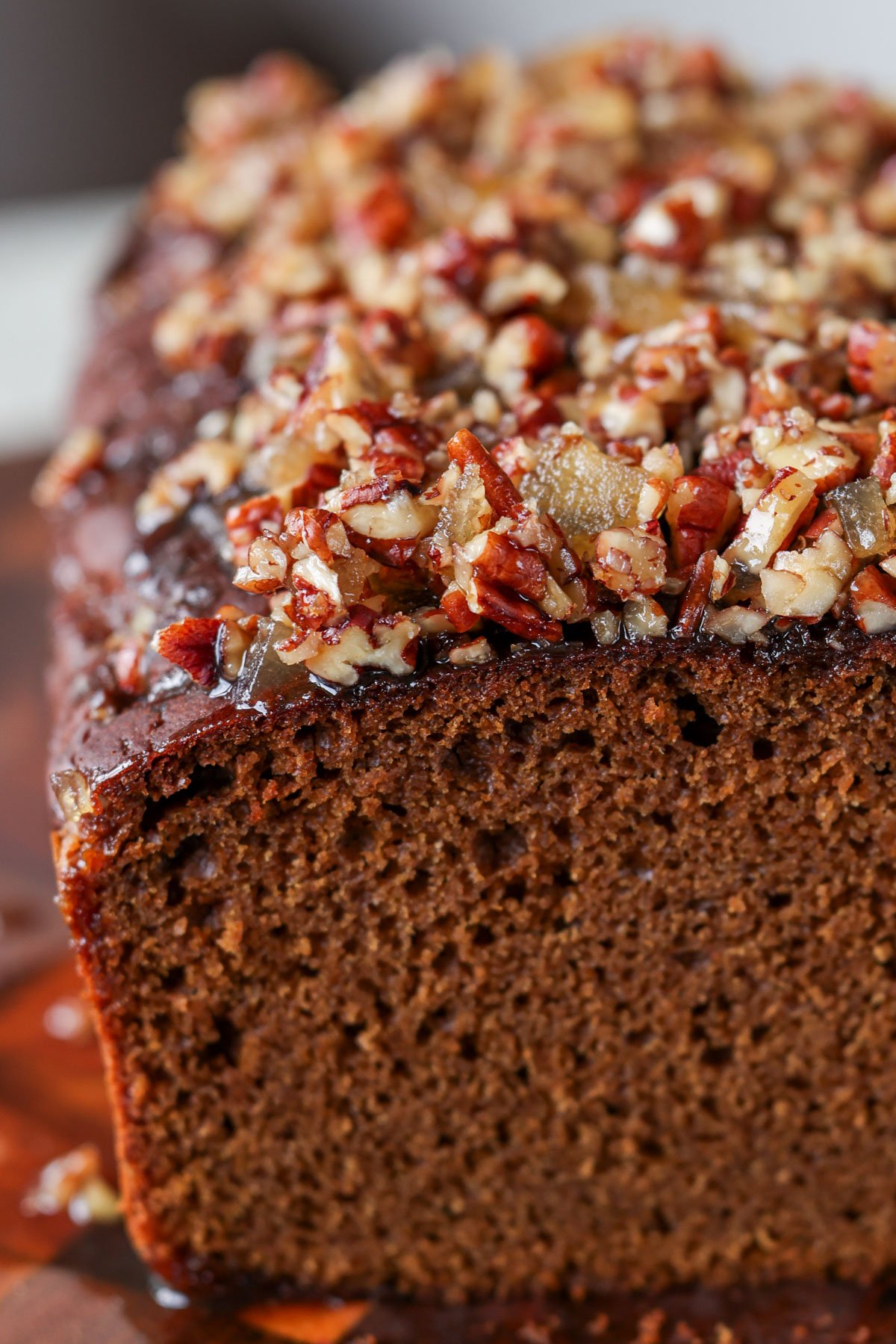 close-up of gingerbread cake, so you can see the topping and fluffy texture