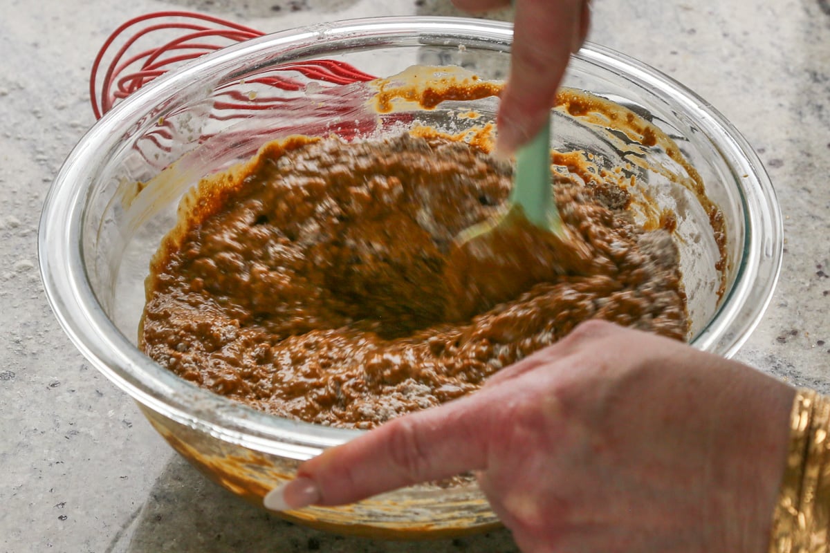 mixing the vegan gingerbread cake batter