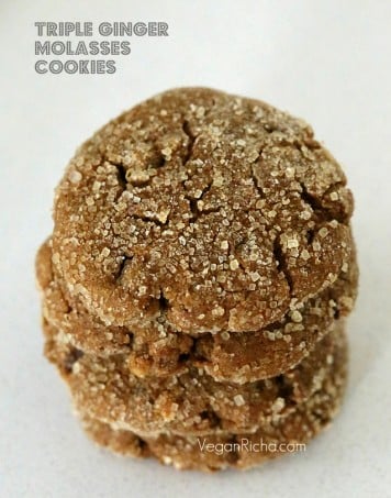These Vegan Triple Ginger Cookies are soft and chewy, filled with molasses, fresh, candied and powdered ginger.