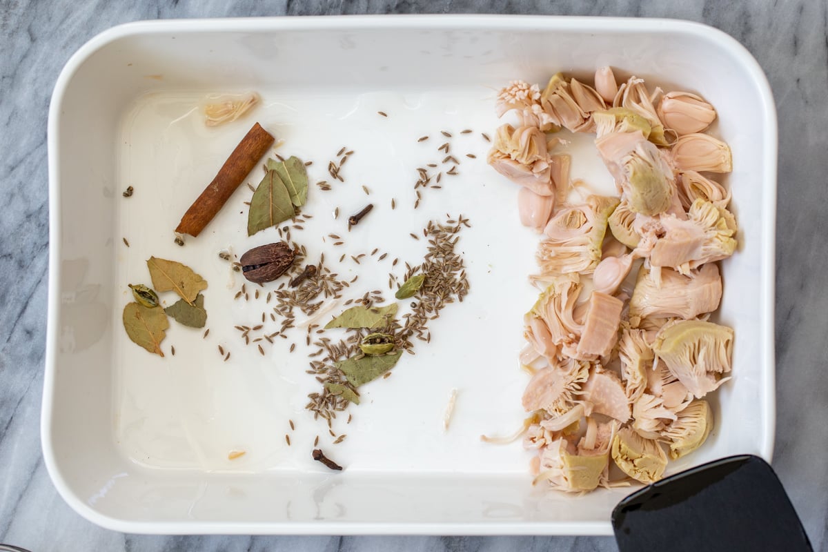 jackfruit and whole spices in the pan