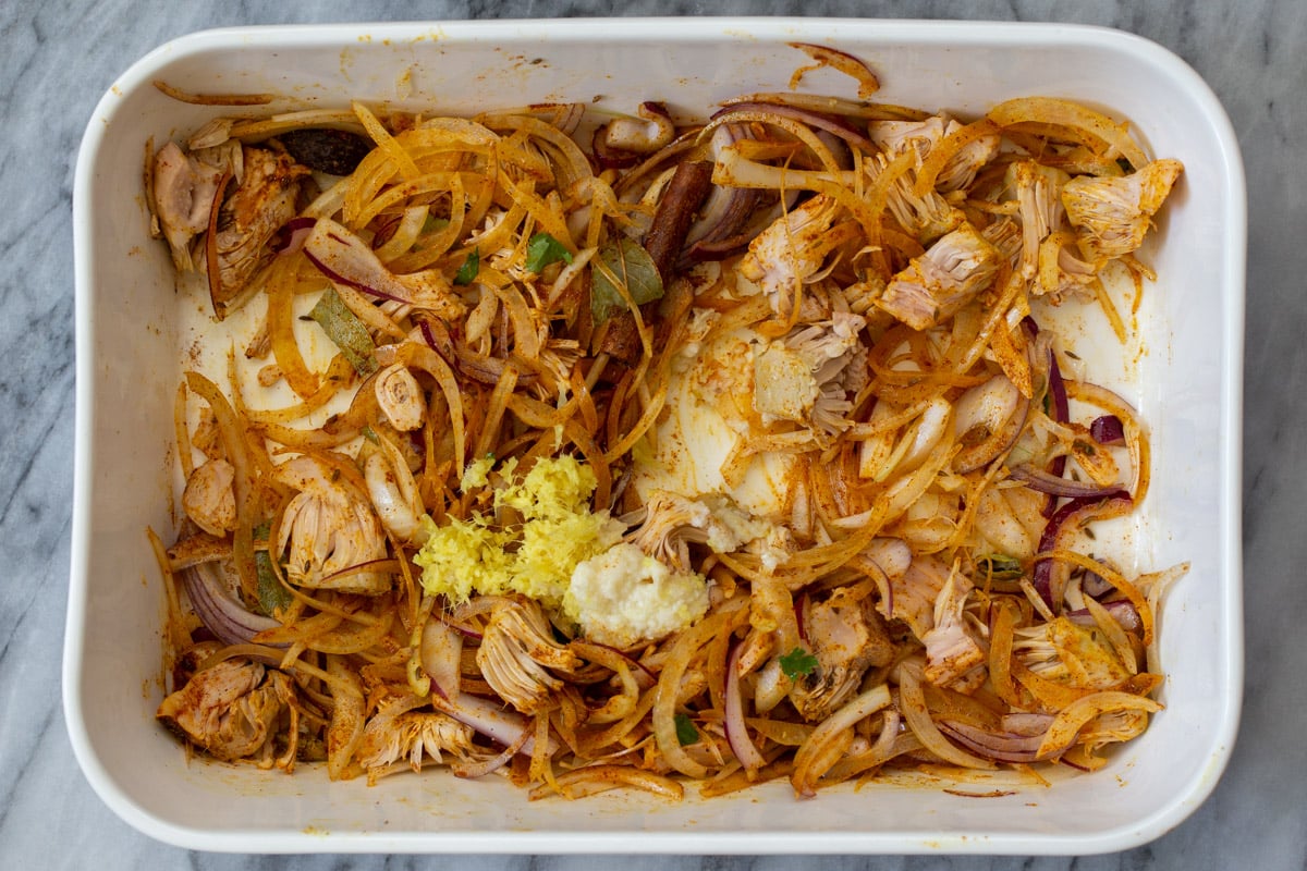 onions after mixing in jackfruit and spices