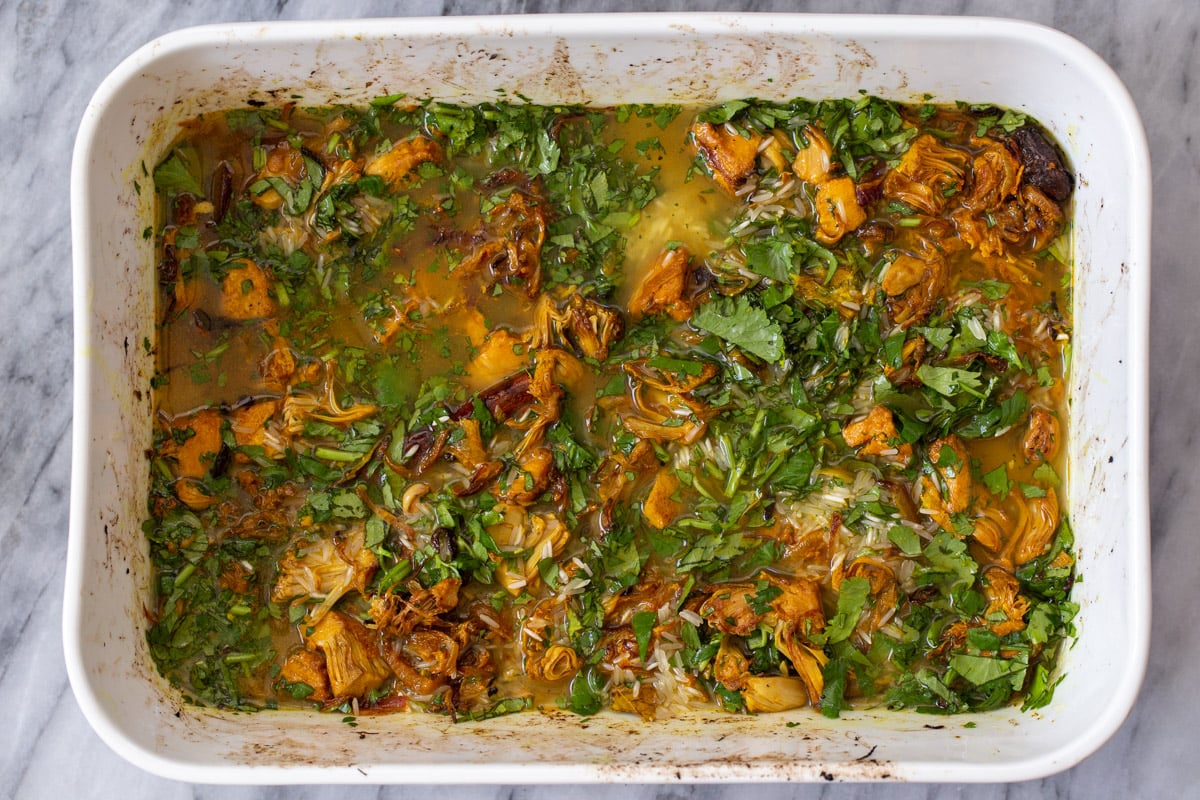 jackfruit-rice mixture after adding water and stirring