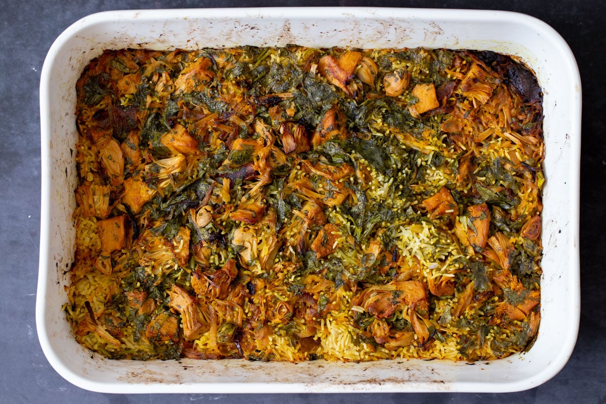 jackfruit biryani after baking but before stirring