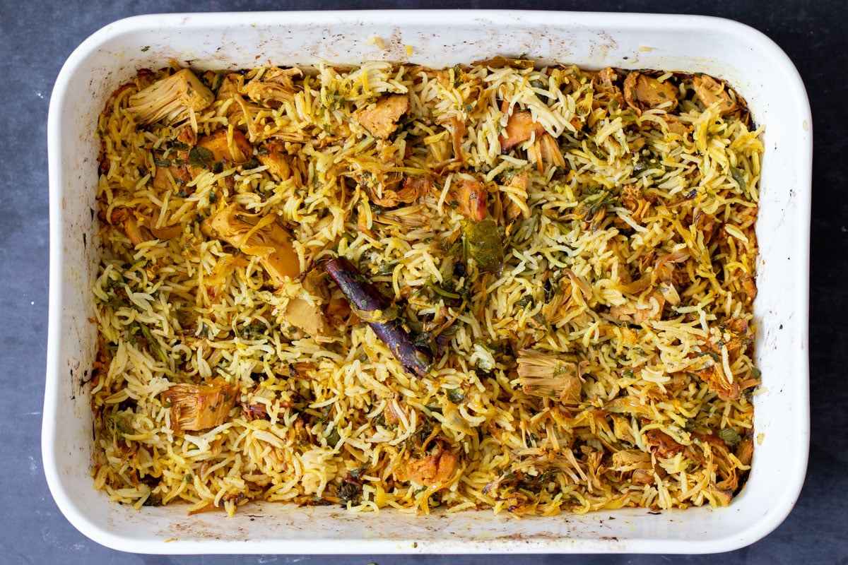 jackfruit biryani after baking and stirring