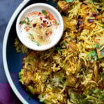 bowl of jackfruit biryani with raita