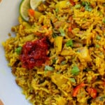 close-up of the Jamaican curry rice in the bowl