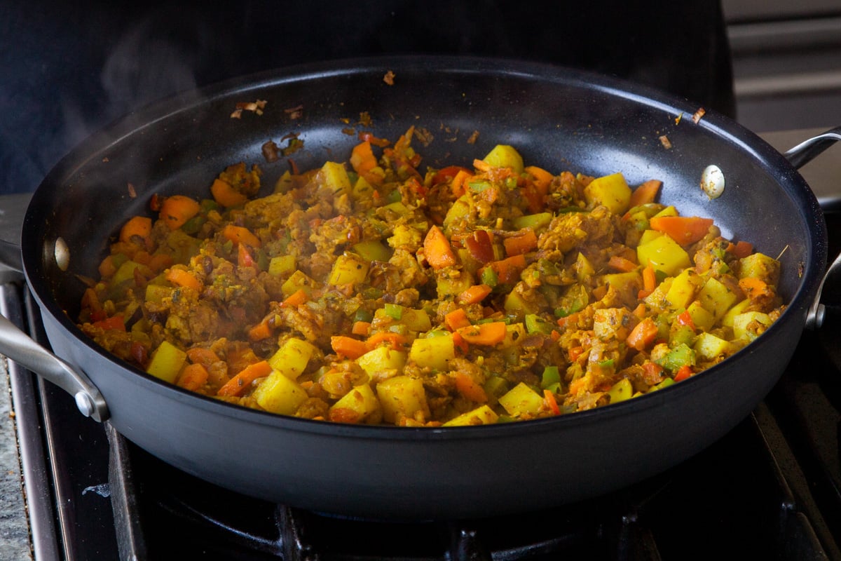veggies in the pan after covering and cooking