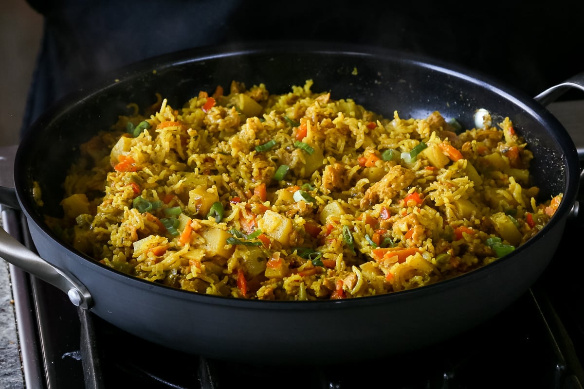 fluffed Jamaican curry rice in the pan after cooking