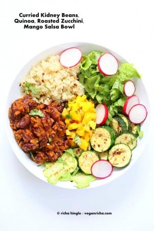 Curried Kidney Beans, Quinoa, Roasted Zucchini, Mango Salsa Bowl | Vegan Richa