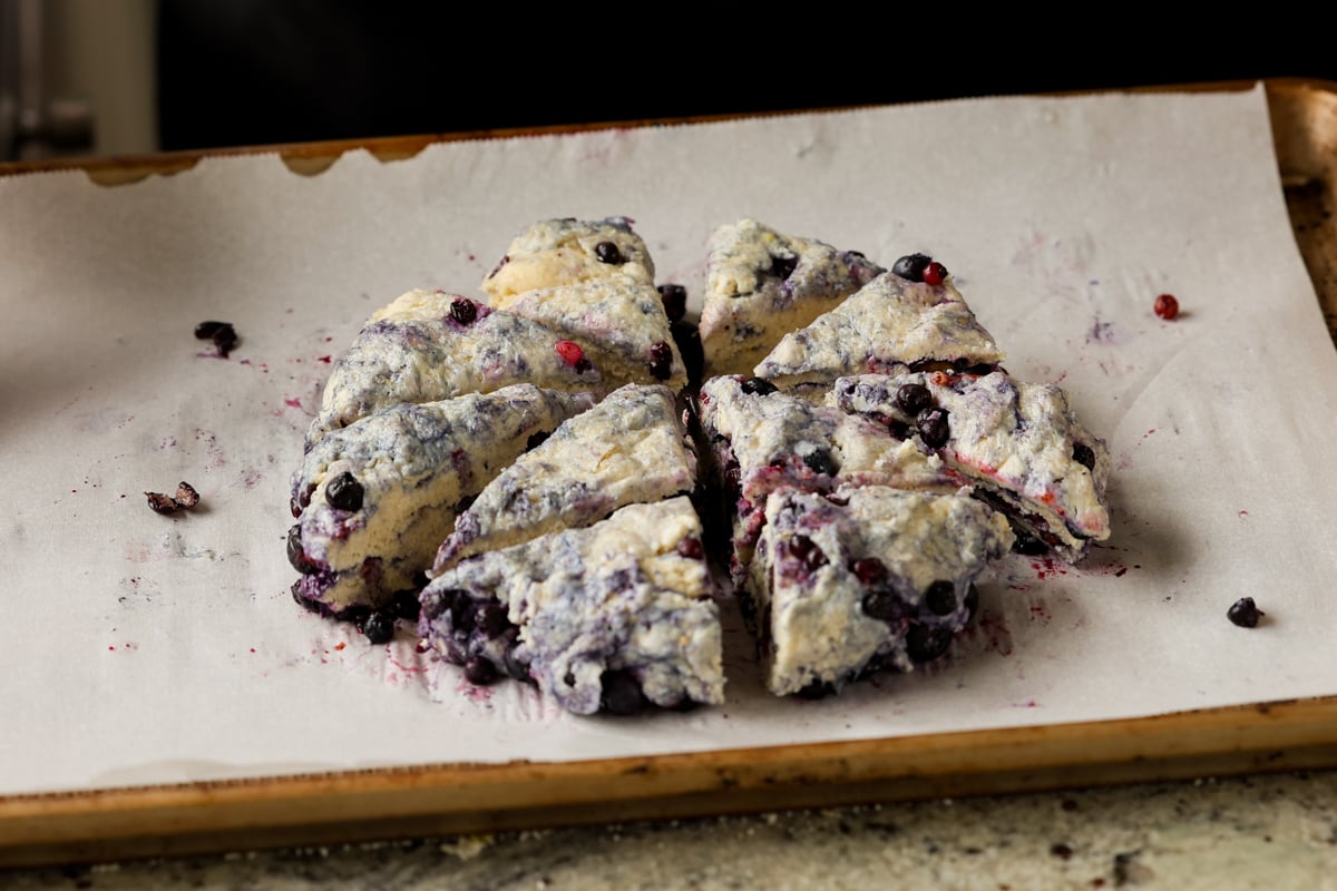 lemon blueberry scones on the baking sheet before baking