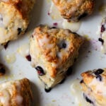 lemon blueberry scones on the serving tray, after glazing
