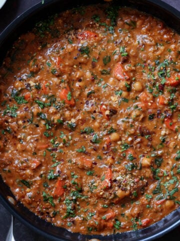 lentil chickpea stew in the pan after cooking