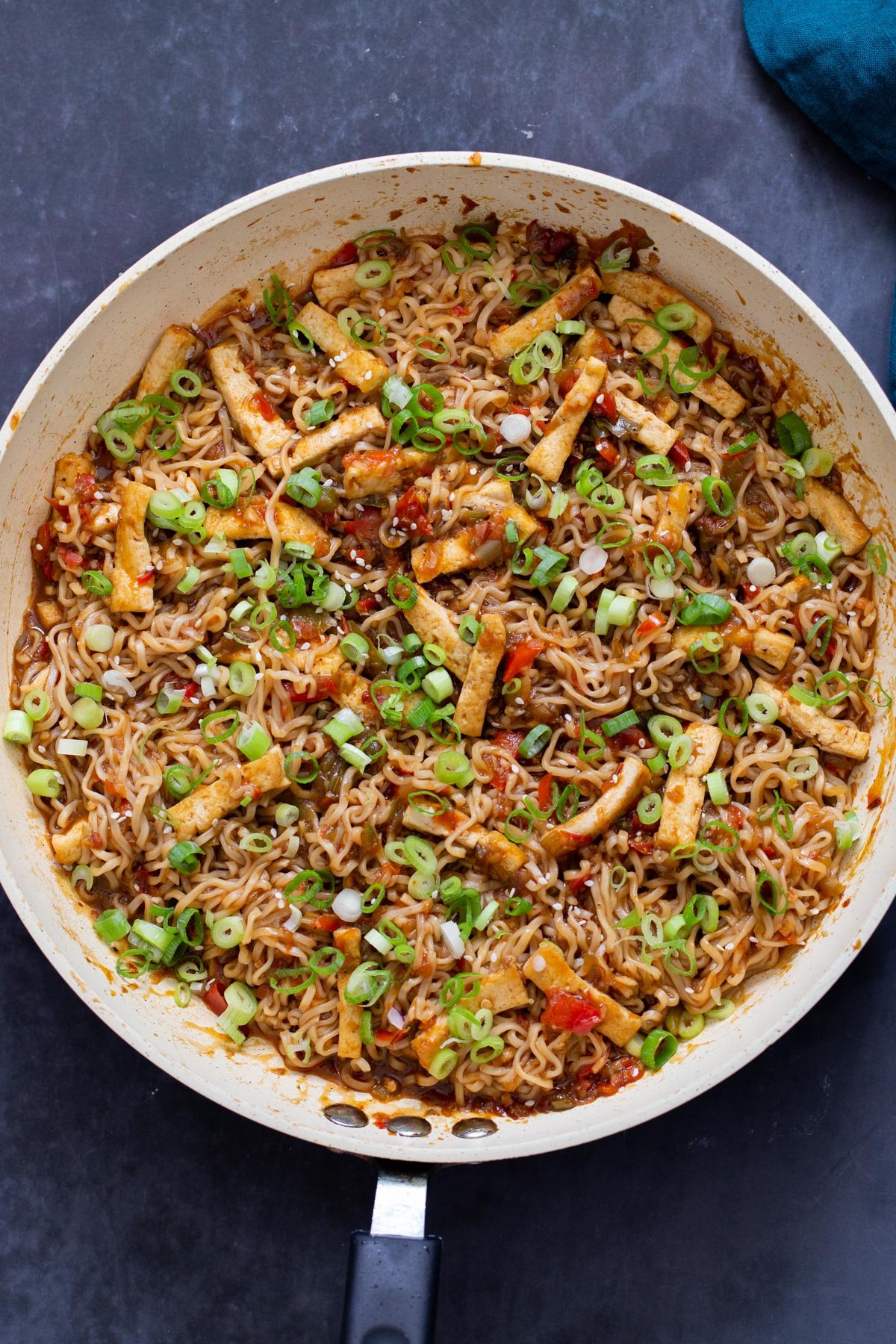 Indo Chinese Manchurian Noodles in a skillet 