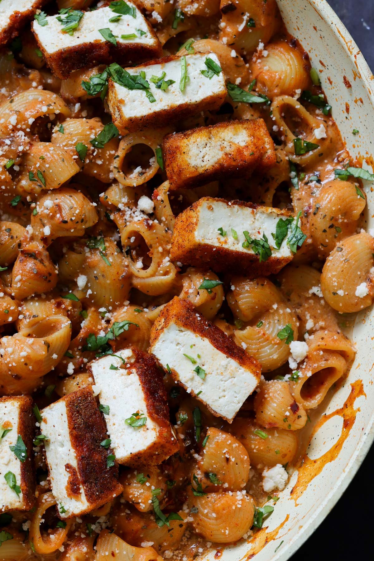 close-up of a pan of vegan marry me chicken