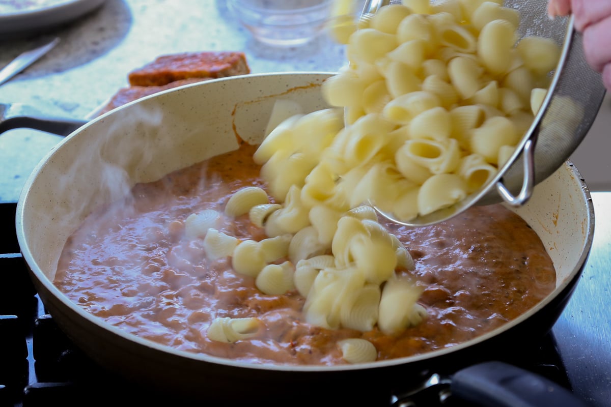 adding pasta to the vegan marry me chicken sauce