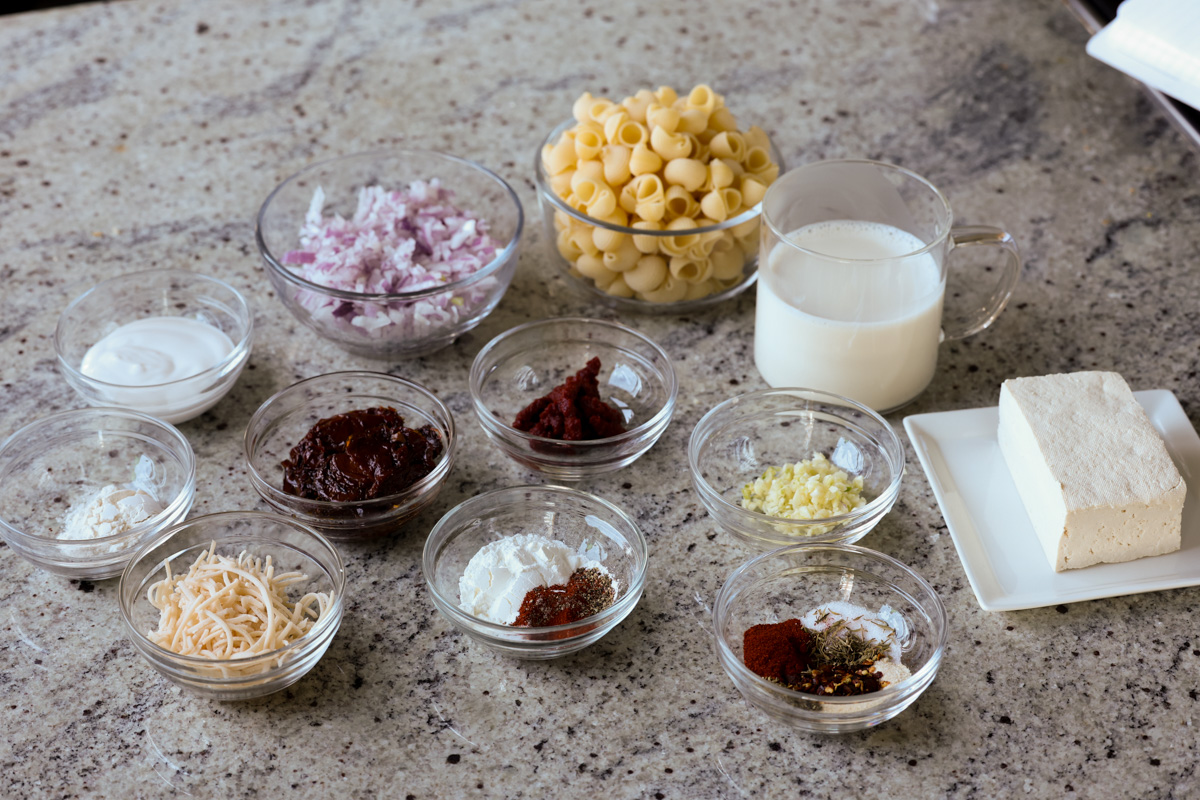 marry me pasta ingredients in bowls on the kitchen counter